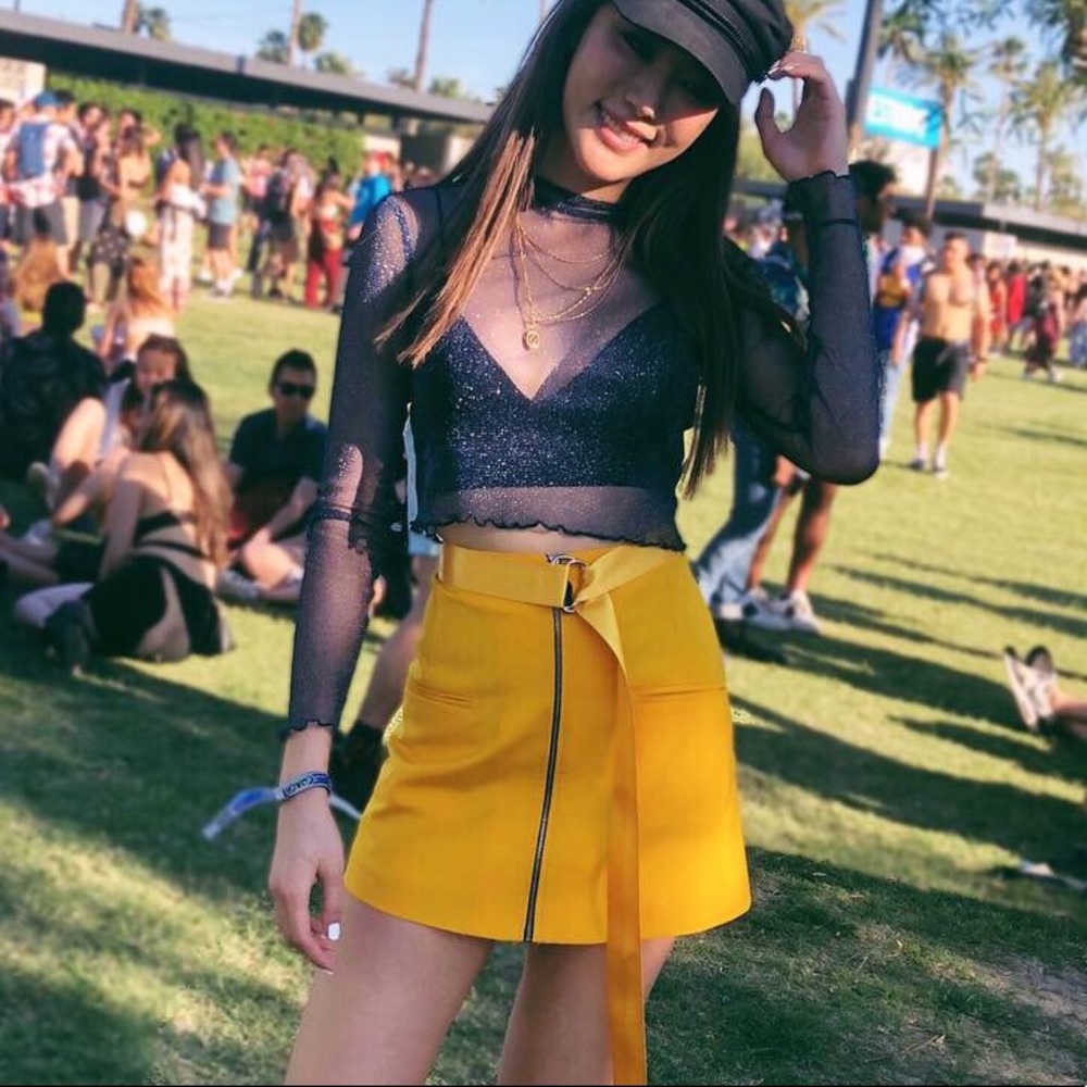 $448 Risto mustard yellow zipper A-line mini skirt
